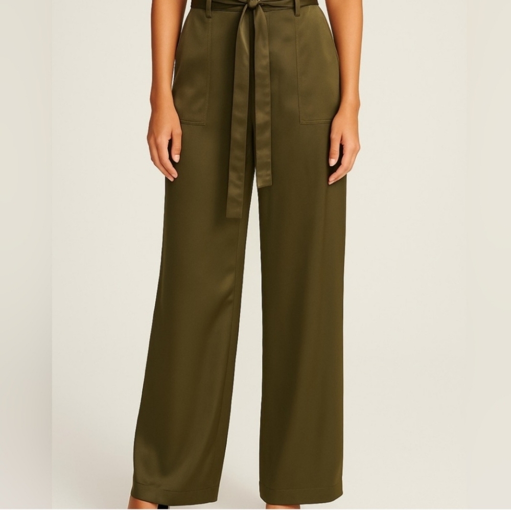 Joie Wide Leg Tie Waist Silky Olive Pants Womens Small